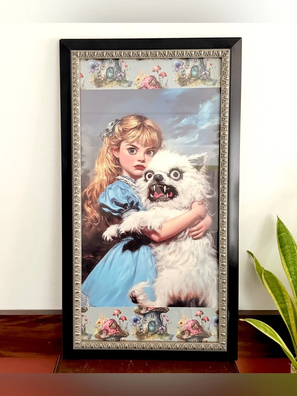 Surreal Spooky Whimsical Girl w/ Dog Scary Canvas Art Print Vintage Framed 12x22